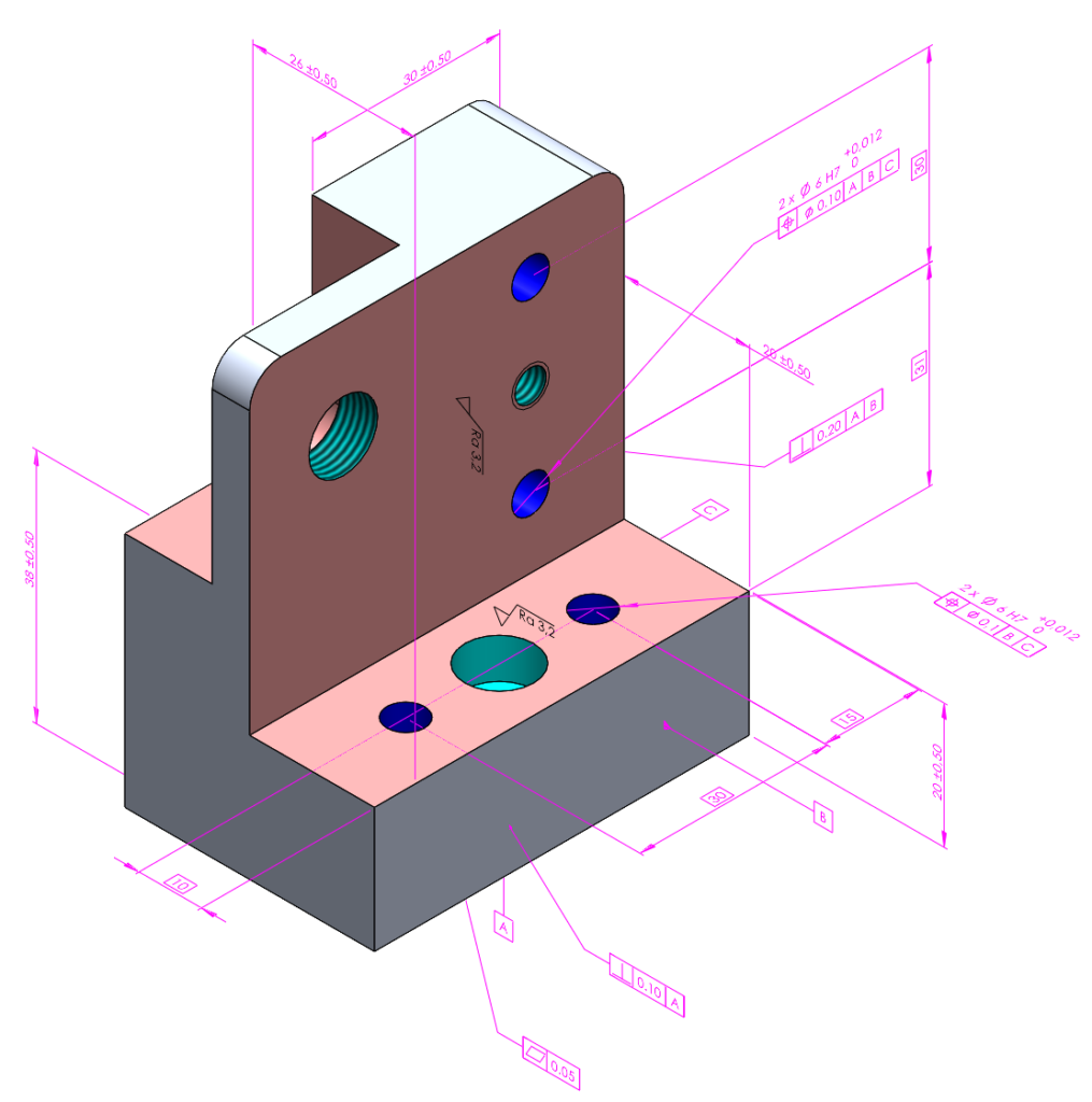 3D-malli mittatiedoin ja pintamerkinnöin